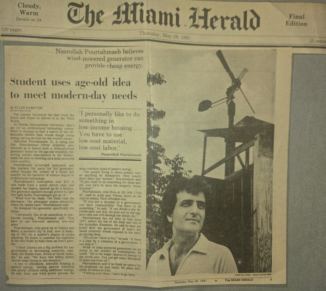 Miami Herald clipping about my dad and his windmill work as a student