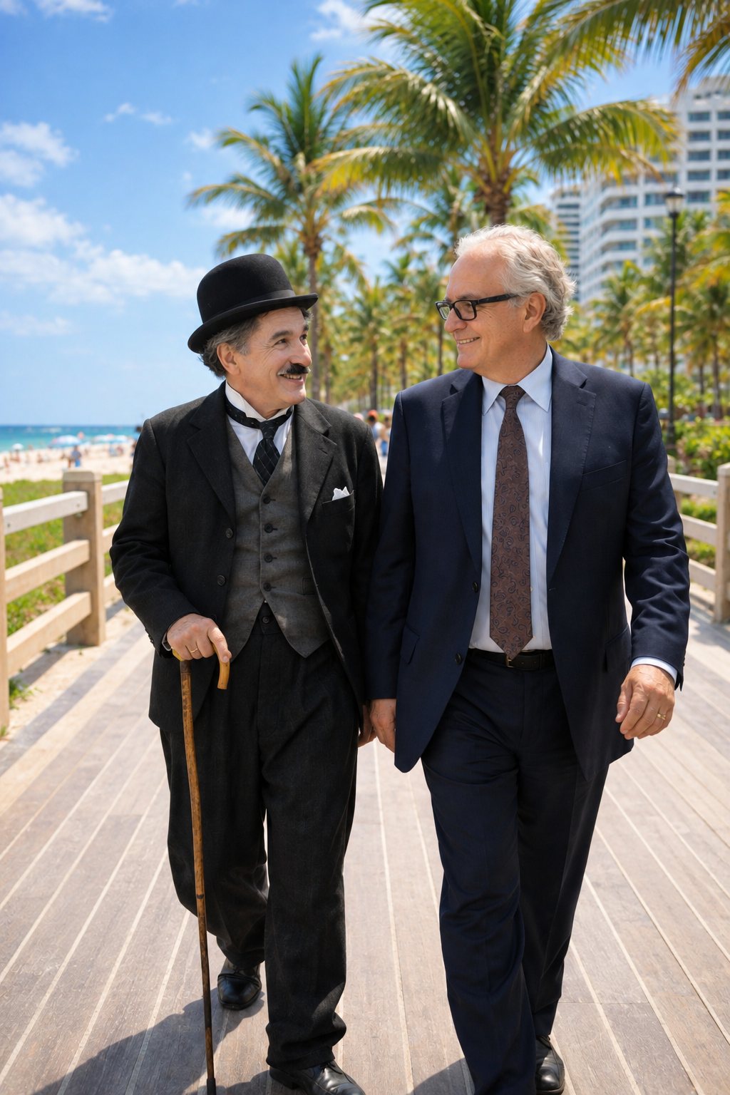 My dad walking beside a Charlie Chaplin figure on a palm-lined beach boardwalk